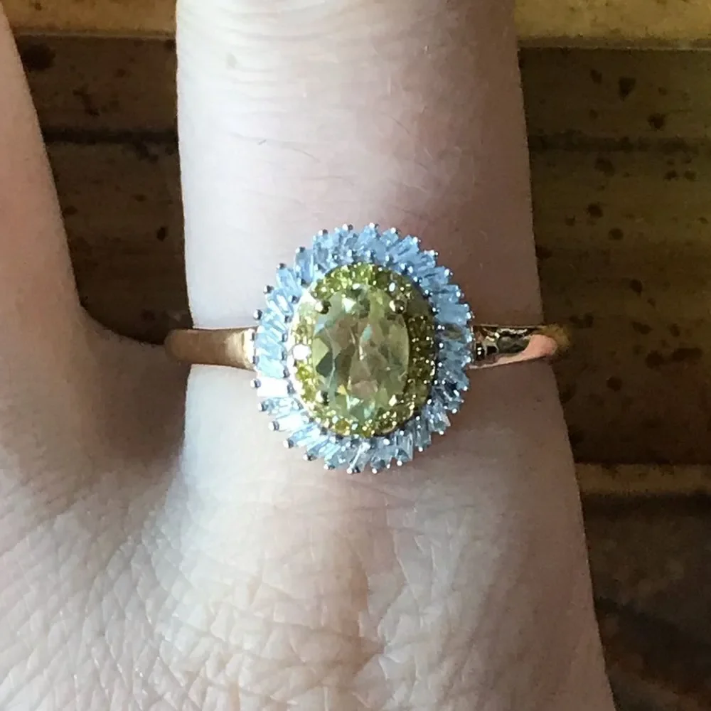 Natural Diamond Golden Apatite Sterling Silver Halo Ring Size 10